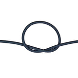 Black bungee cord with a knot on a white background