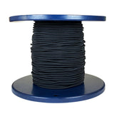 Spool of 3mm black bungee cord on a blue reel with a white background