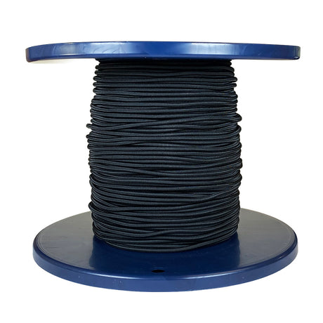 Spool of 3mm black bungee cord on a blue reel with a white background