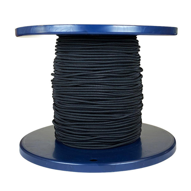 Spool of 3mm black bungee cord on a blue reel with a white background