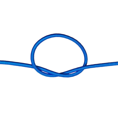 Close-up of blue bungee cord in a knot on a white background