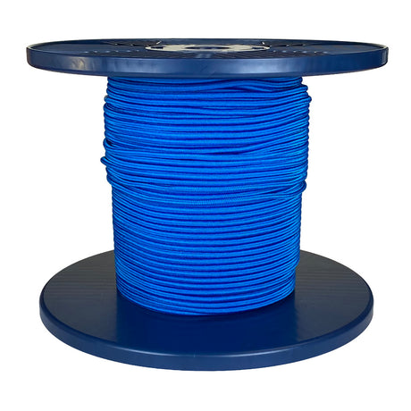 Spool of blue shock cord on a blue plastic reel with a white background