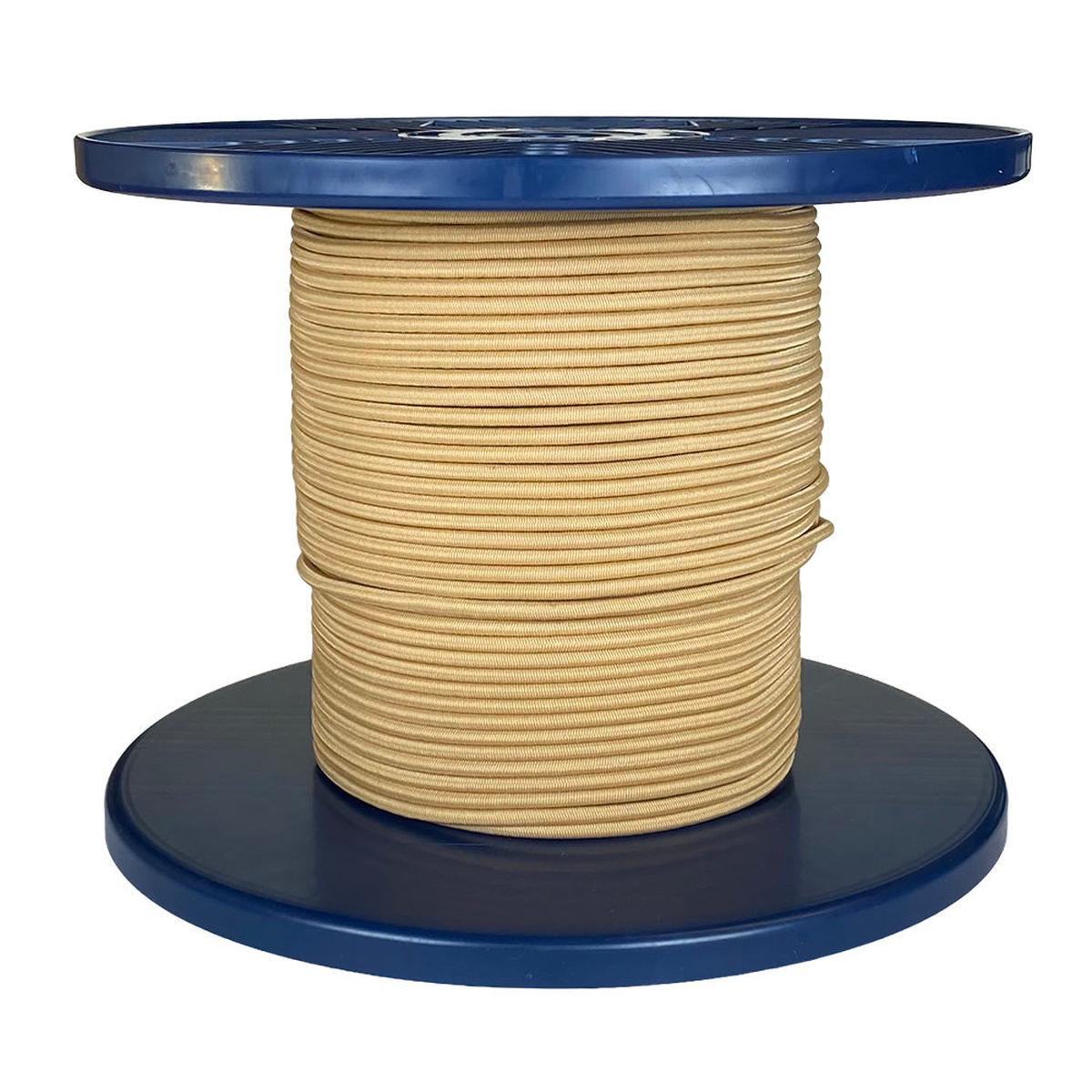 Spool of beige shock cord on a blue plastic reel with a white background