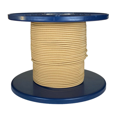Spool of beige shock cord on a blue plastic reel with a white background
