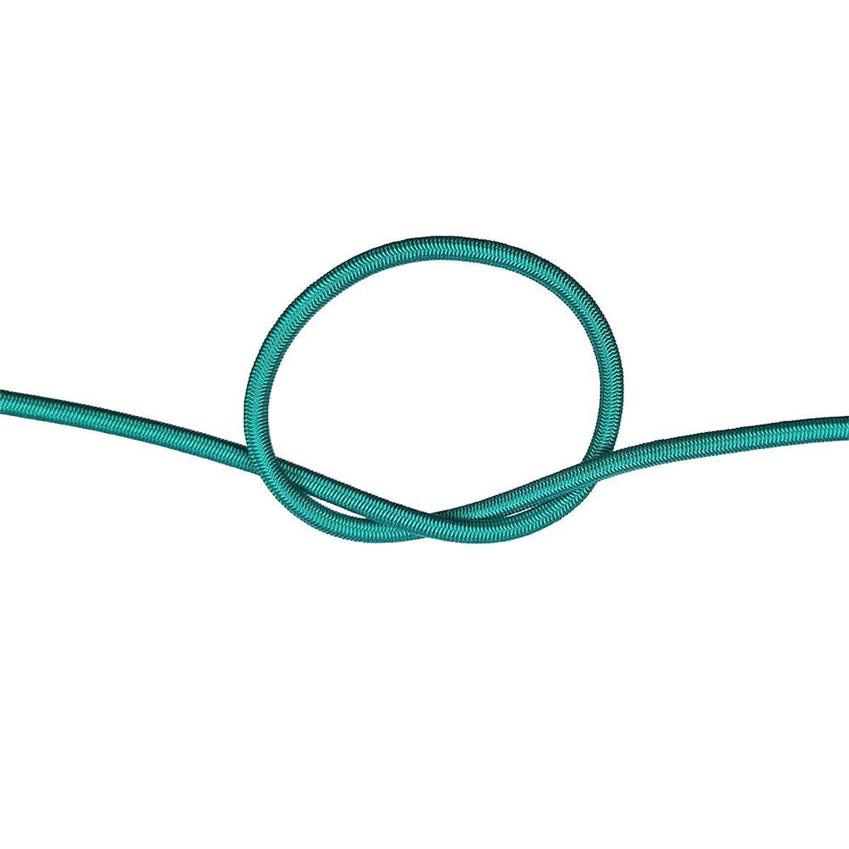 Close-up of green bungee cord in a knot on a white background