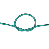 Close-up of green bungee cord in a knot on a white background