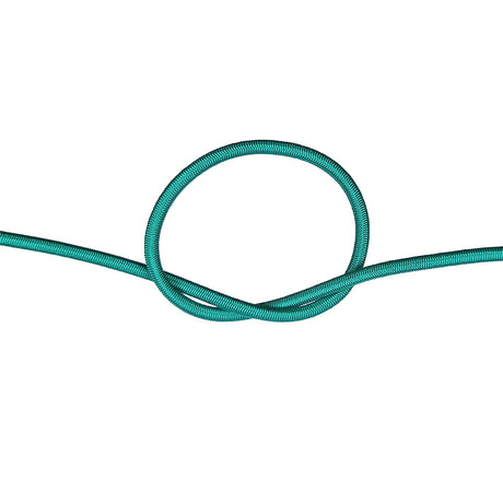 Close-up of green bungee cord in a knot on a white background