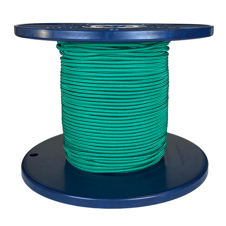 Spool of green shock cord on a blue plastic reel with a white background
