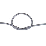 Close-up of silver grey bungee cord in a knot on a white background