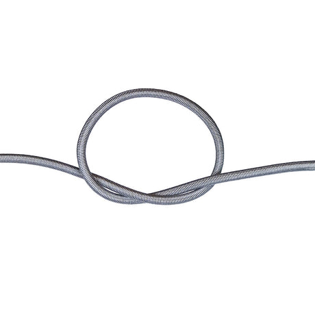 Close-up of silver grey bungee cord in a knot on a white background