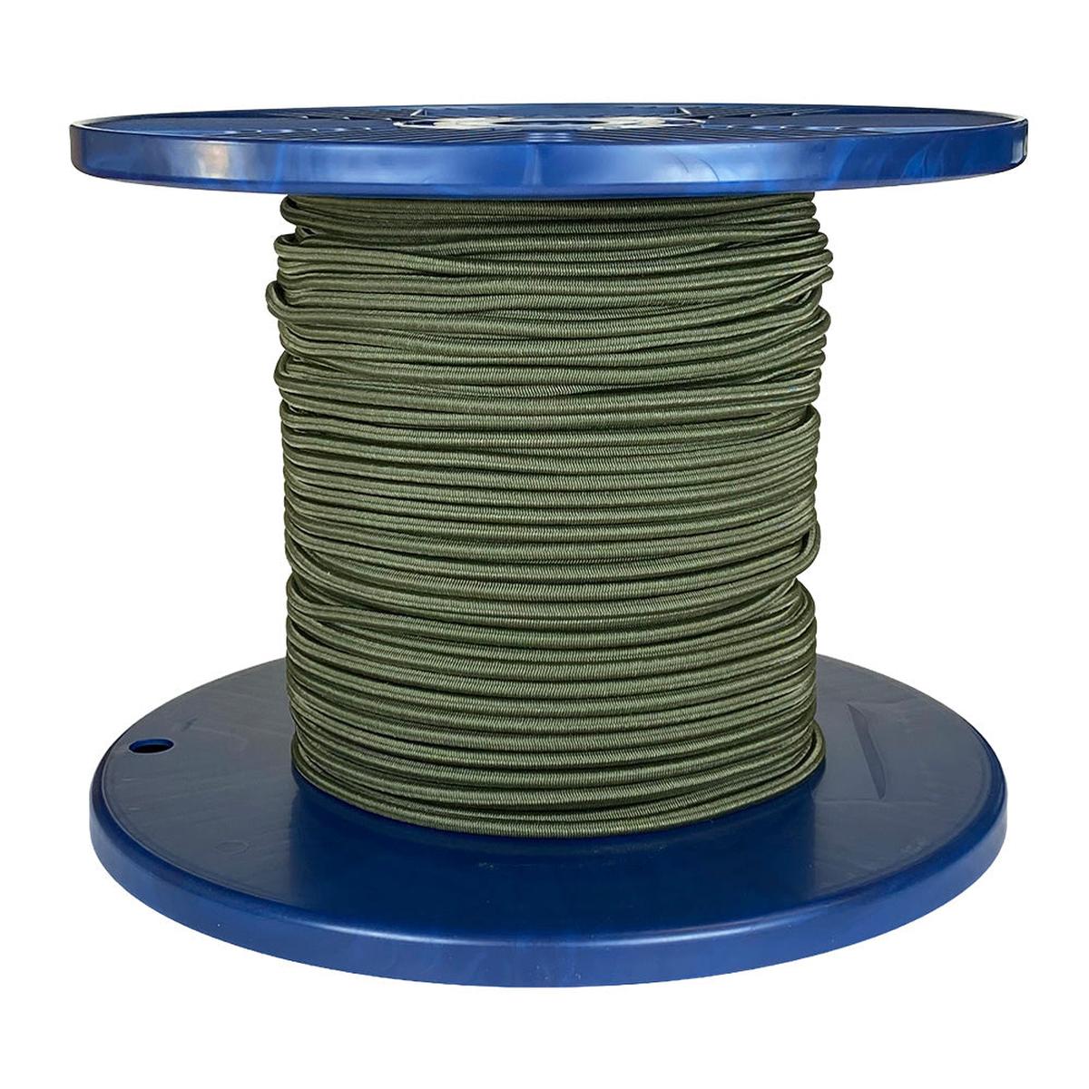 Spool of khaki green shock cord on a blue plastic reel with a white background