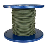Spool of khaki green shock cord on a blue plastic reel with a white background
