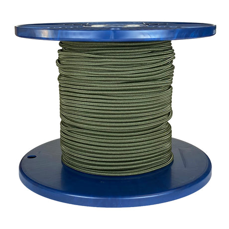 Spool of khaki green shock cord on a blue plastic reel with a white background