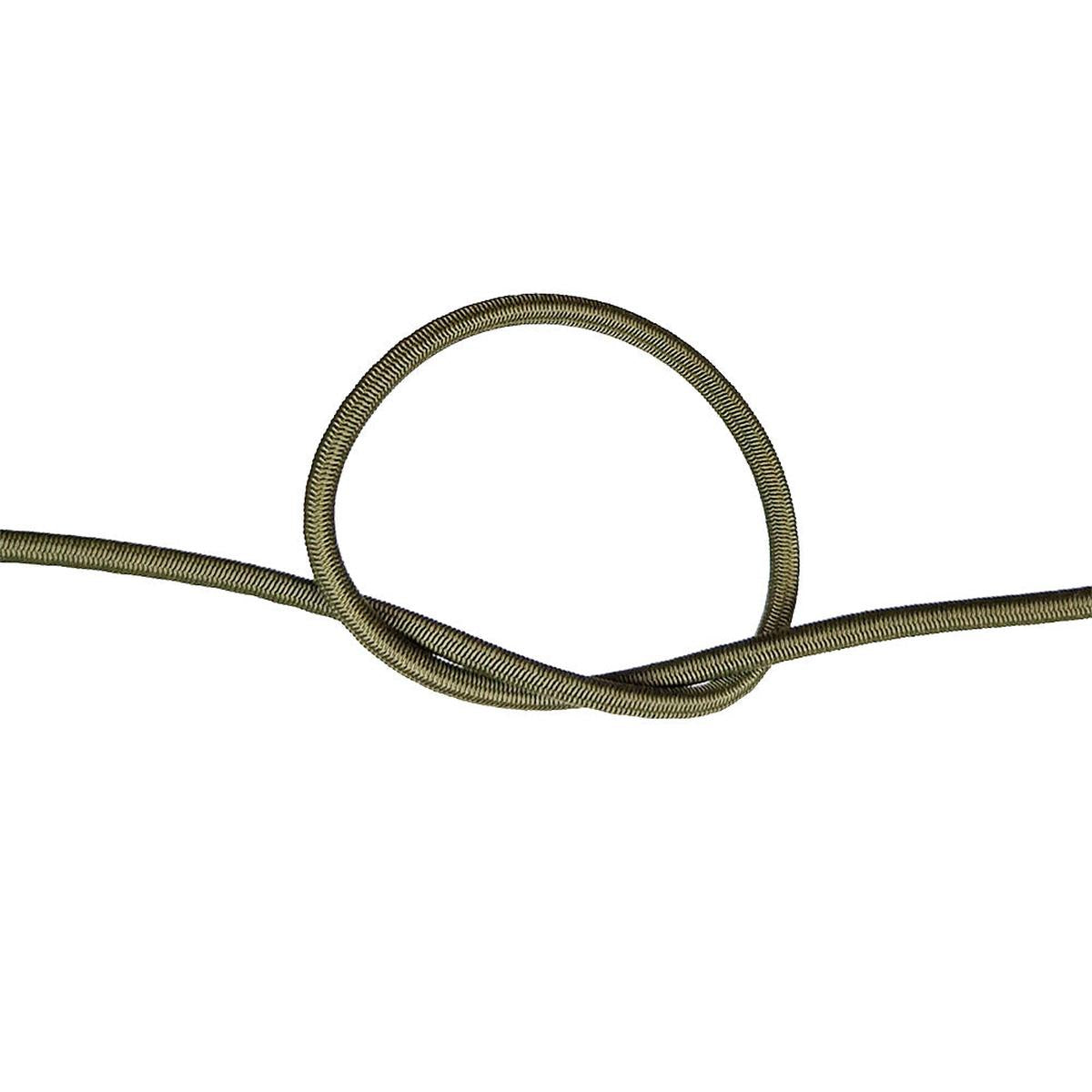 Close-up of khaki green bungee cord in a knot on a white background
