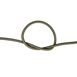 Close-up of khaki green bungee cord in a knot on a white background