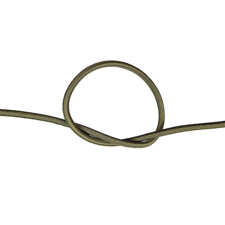 Close-up of khaki green bungee cord in a knot on a white background