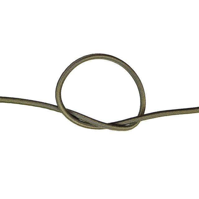 Close-up of khaki green bungee cord in a knot on a white background