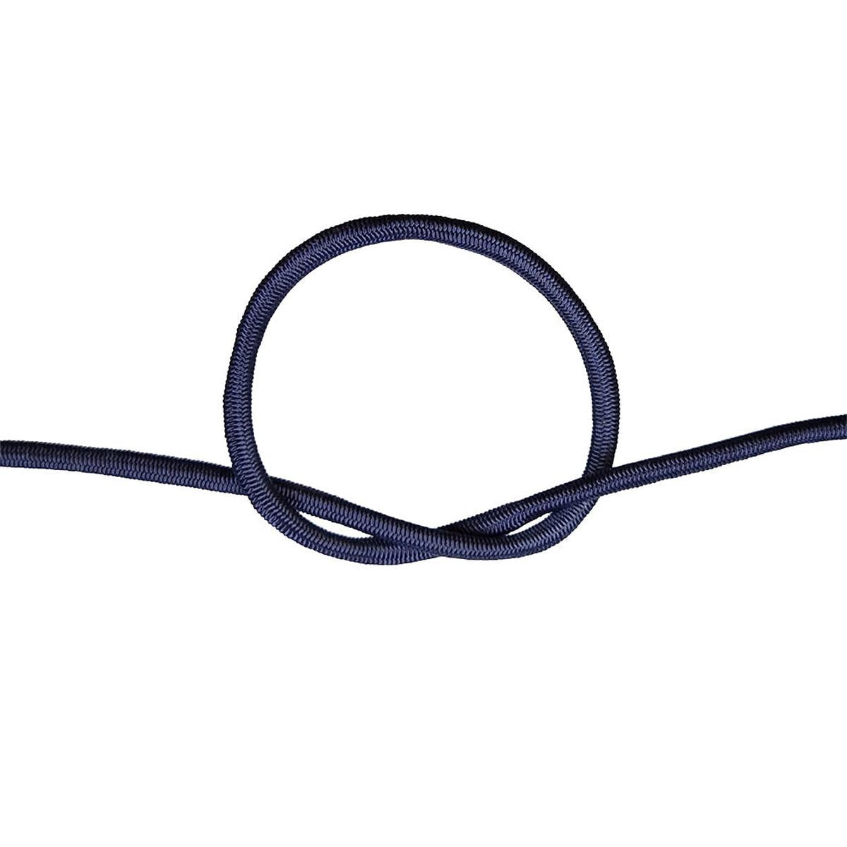 Close-up of navy blue bungee cord in a knot on a white background