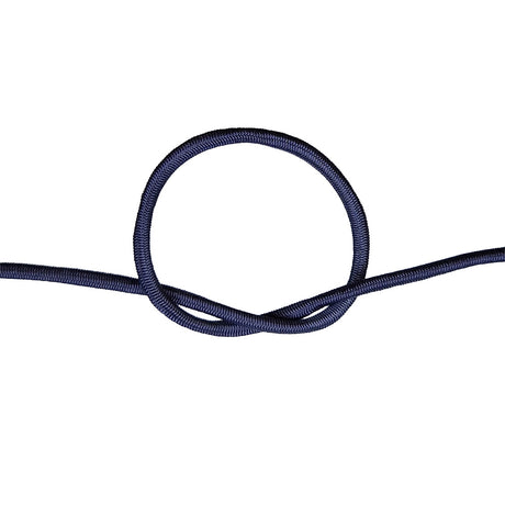 Close-up of navy blue bungee cord in a knot on a white background