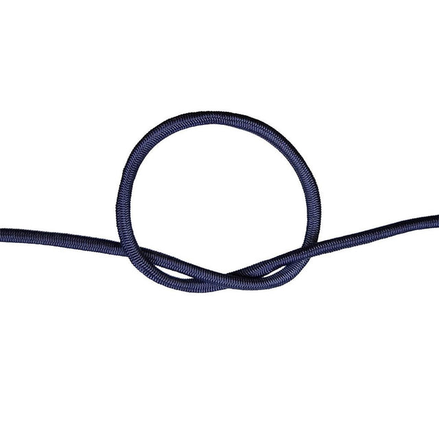 Close-up of navy blue bungee cord in a knot on a white background