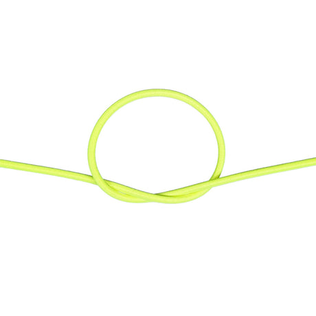 Close-up of neon yellow bungee cord in a knot on a white background