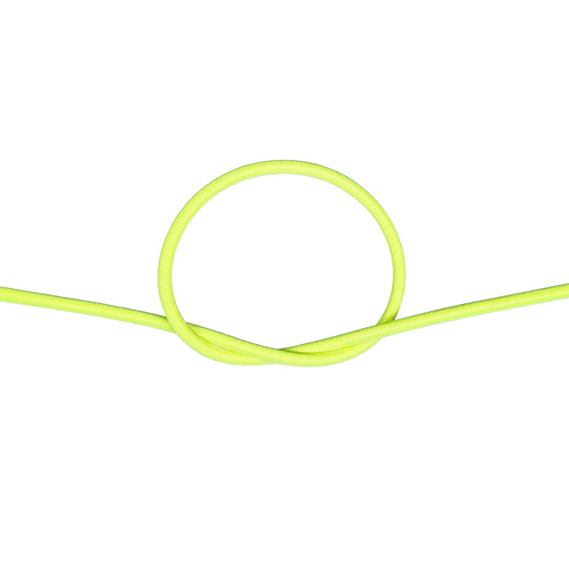 Close-up of neon yellow bungee cord in a knot on a white background