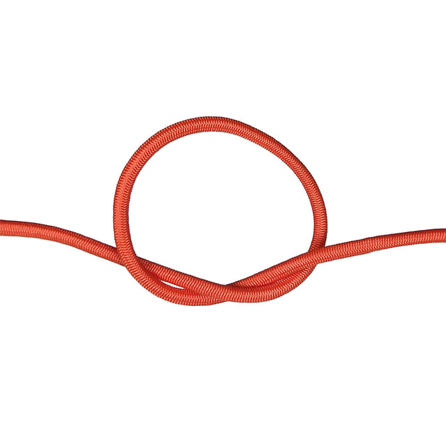 Close-up of orange bungee cord in a knot on a white background