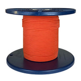 Spool of orange shock cord on a blue plastic reel with a white background