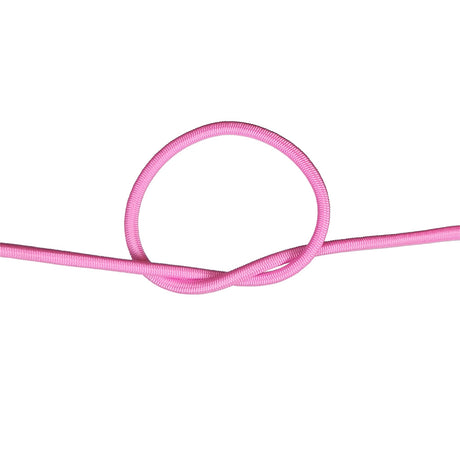 Close-up of pink bungee cord in a knot on a white background