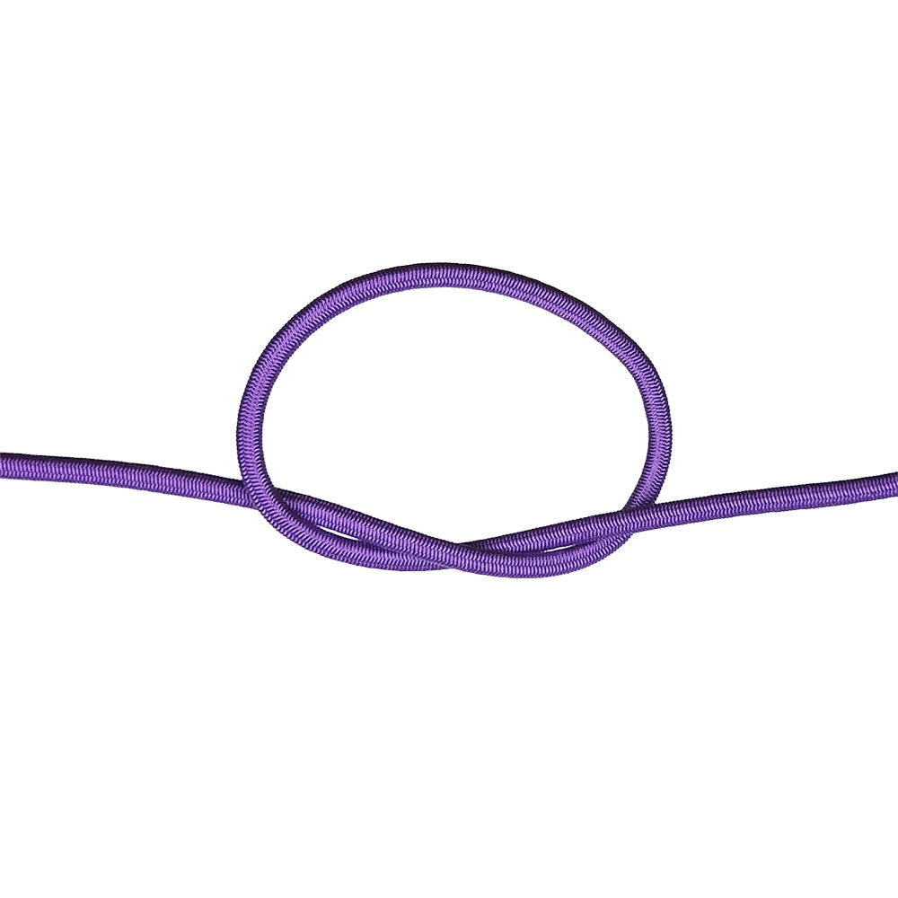 Close-up of purple bungee cord in a knot on a white background