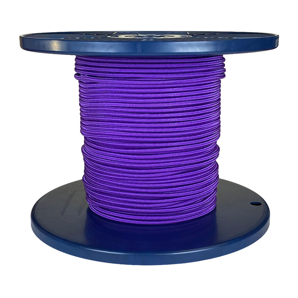 Spool of purple shock cord on a blue plastic reel with a white background