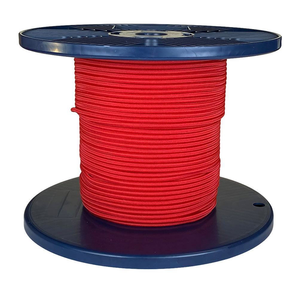 Spool of red shock cord on a blue plastic reel with a white background