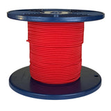 Spool of red shock cord on a blue plastic reel with a white background