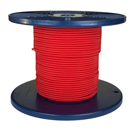 Spool of red shock cord on a blue plastic reel with a white background
