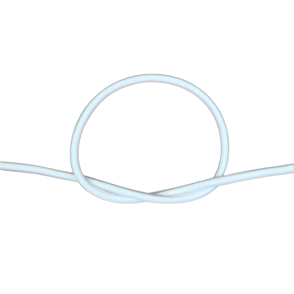 White bungee cord with a knot on a white background