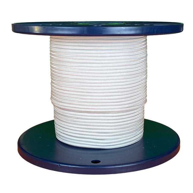 Spool of white shock cord on a blue plastic reel with a white background
