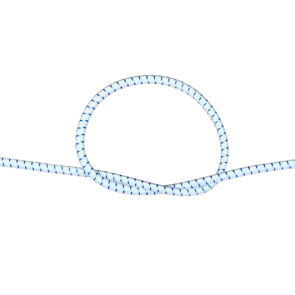 White with blue fleck bungee cord with a knot on a white background