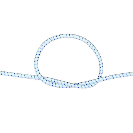 White with blue fleck bungee cord with a knot on a white background