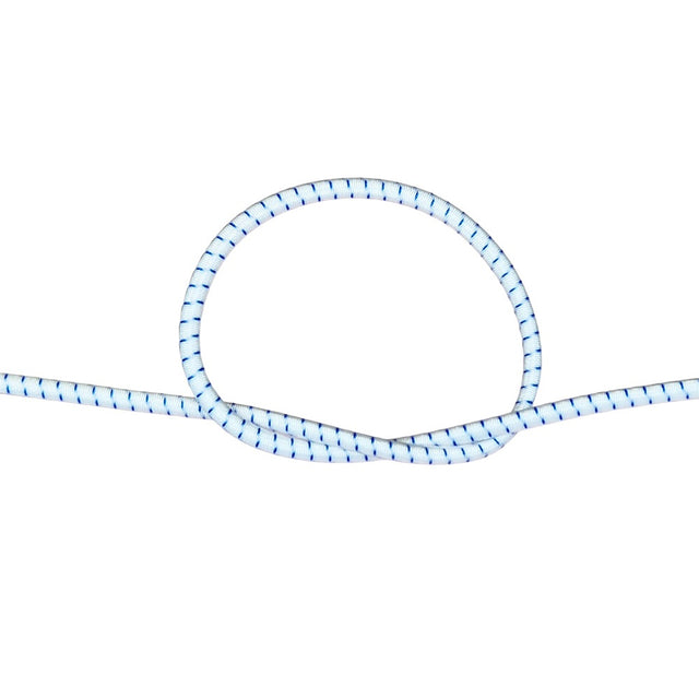 White with blue fleck bungee cord with a knot on a white background