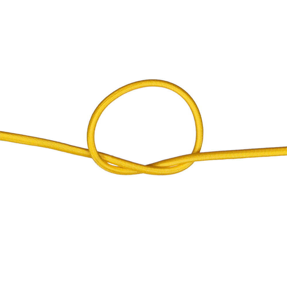 Close-up of yellow bungee cord in a knot on a white background