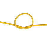 Close-up of yellow bungee cord in a knot on a white background