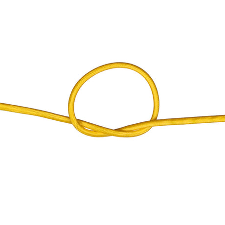 Close-up of yellow bungee cord in a knot on a white background