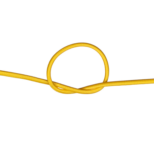 Close-up of yellow bungee cord in a knot on a white background