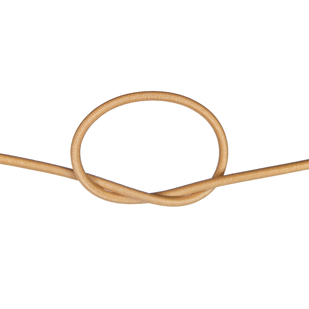 Beige bungee cord with a knot on a white background