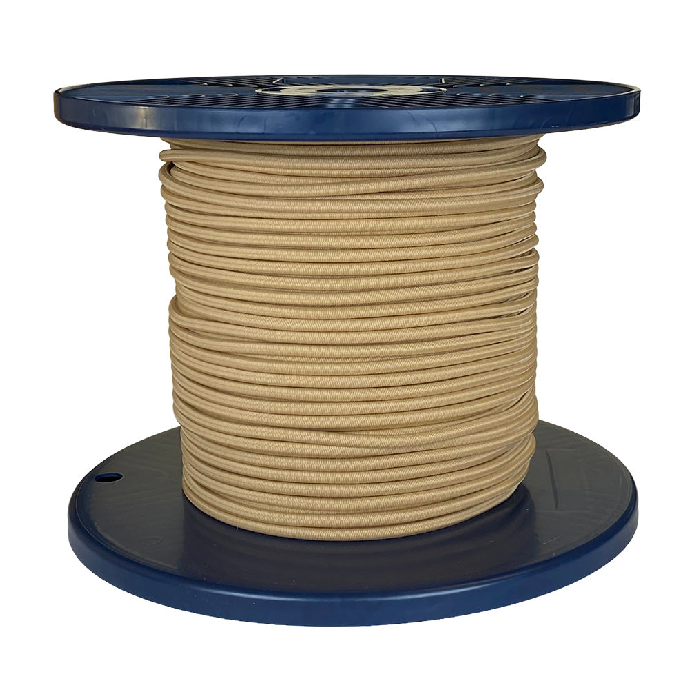 Spool of beige shock cord on a blue plastic reel with a white background