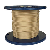 Spool of beige shock cord on a blue plastic reel with a white background