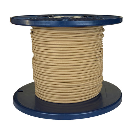 Spool of beige shock cord on a blue plastic reel with a white background