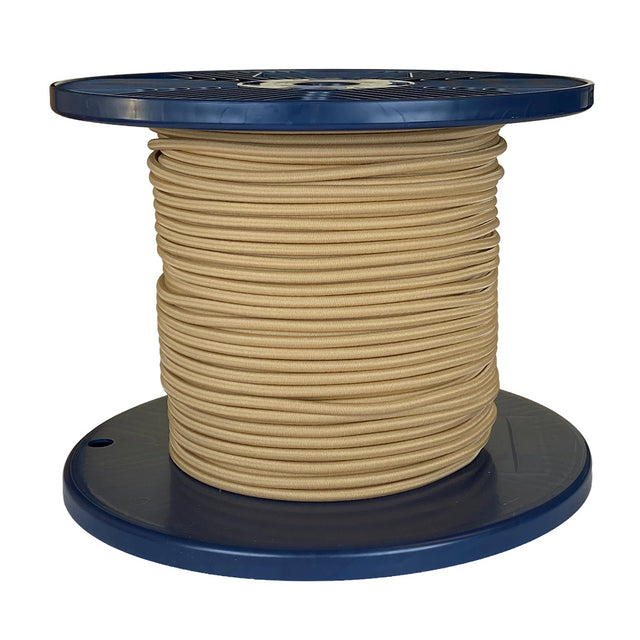 Spool of beige shock cord on a blue plastic reel with a white background