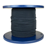 Spool of 4mm black bungee cord on a blue reel with a white background