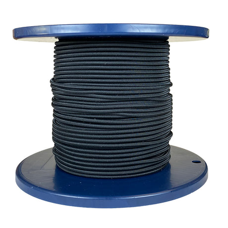 Spool of 4mm black bungee cord on a blue reel with a white background